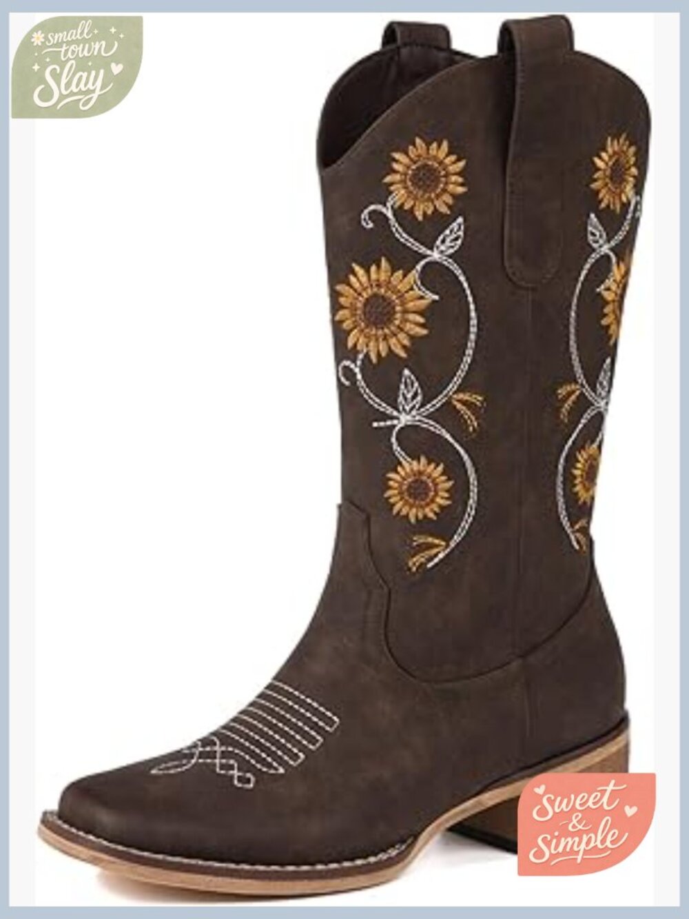 Mid Calf Cowboy Boots, Square Toe, Floral Embroidery, Pull On, Faux Leather